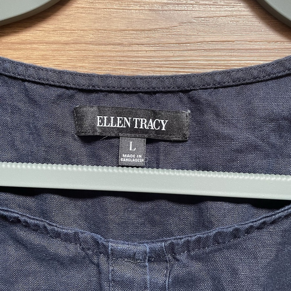 Ellen Tracy Linen Roll Tab Sleeve Navy Blue Women's Tunic Blouse Size L Coastal - Picture 3 of 10